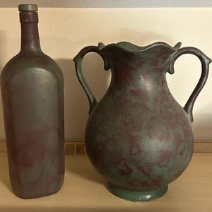 Pottery Vase Double Handle with Scalloped Rim & Wine Bottle Hand Painted